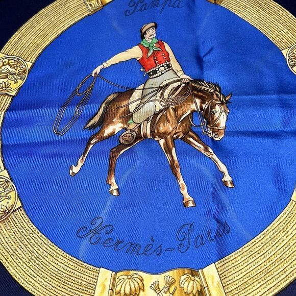 Vintage Hermes Pampa Scarf by Jean De Fougerolle Navy/Royal Blue Gold - Picture 2 of 10